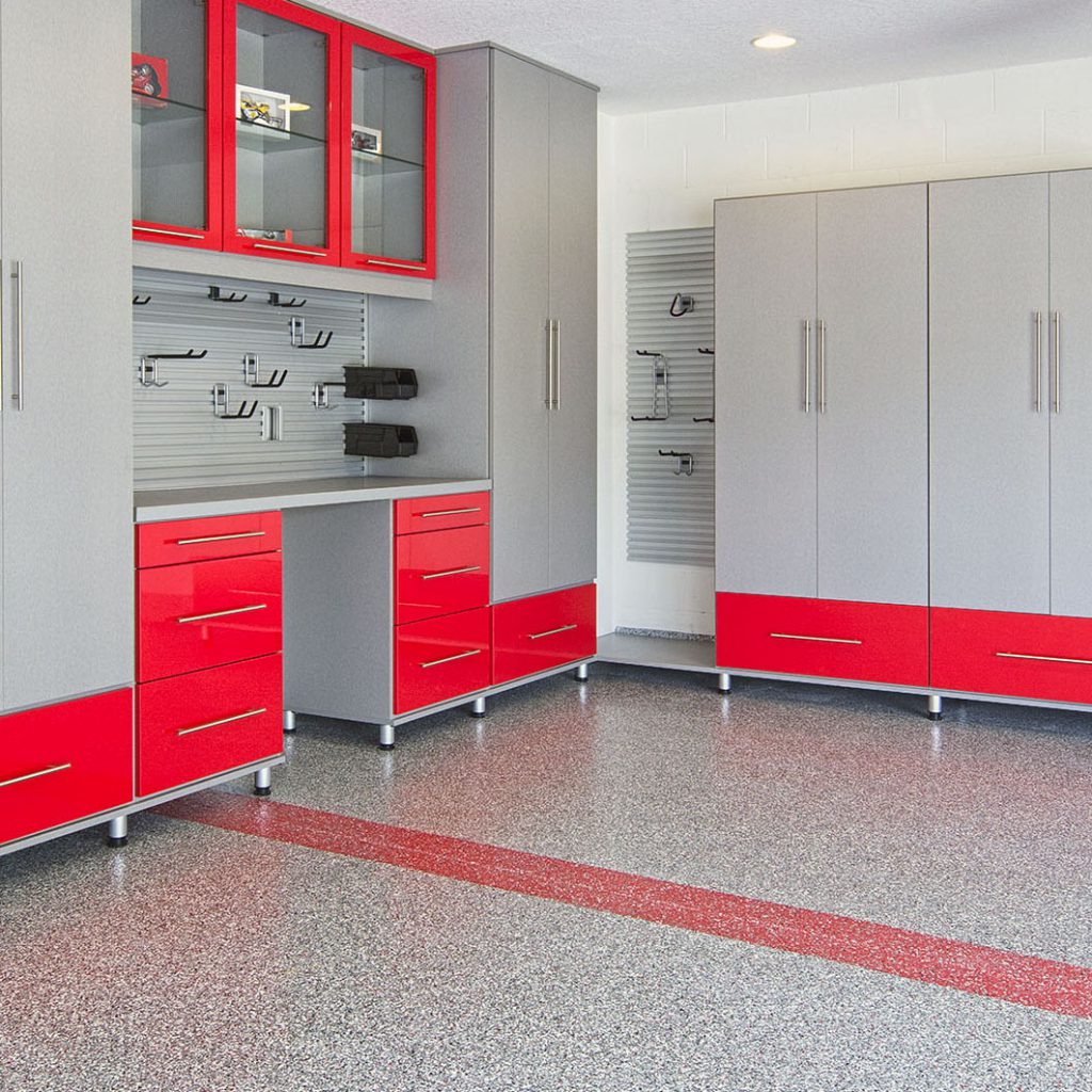 New storage cabinets and flooring in a garage