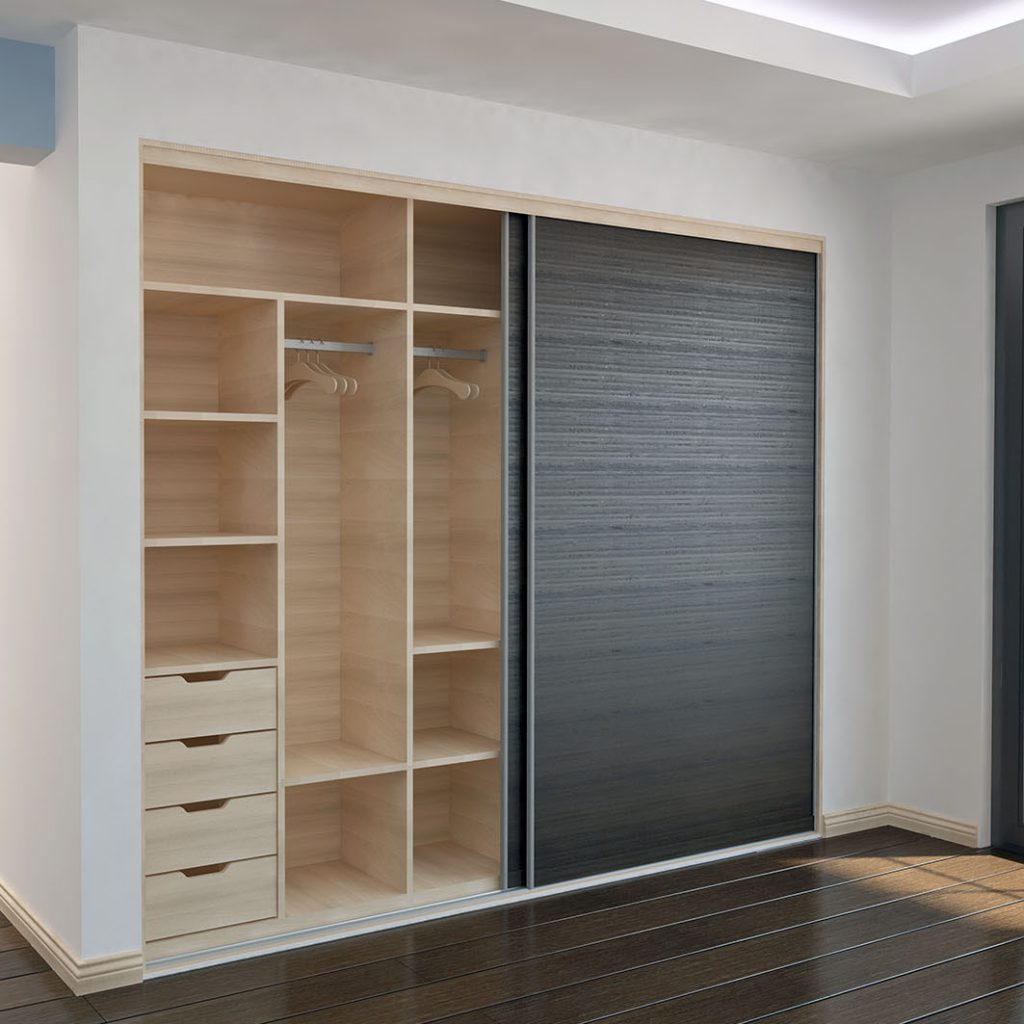 Sliding door closet system with matte white finish